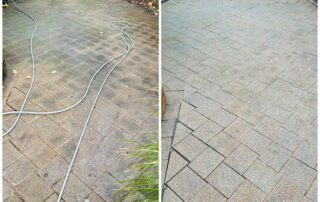 Concrete driveway before and after professional water blasting, showing dirt removal and restored surface.