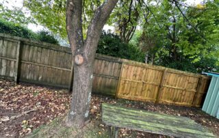 Technician water blasting a wooden fence to remove dirt, moss, and grime during cleaning service.