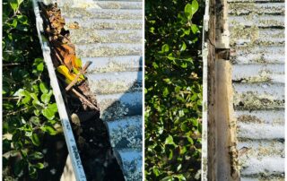 Gutter heavily blocked with moss, dirt, and organic buildup before professional cleaning.