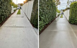 Concrete driveway before and after professional acid wash cleaning, showing removal of stains and grime.