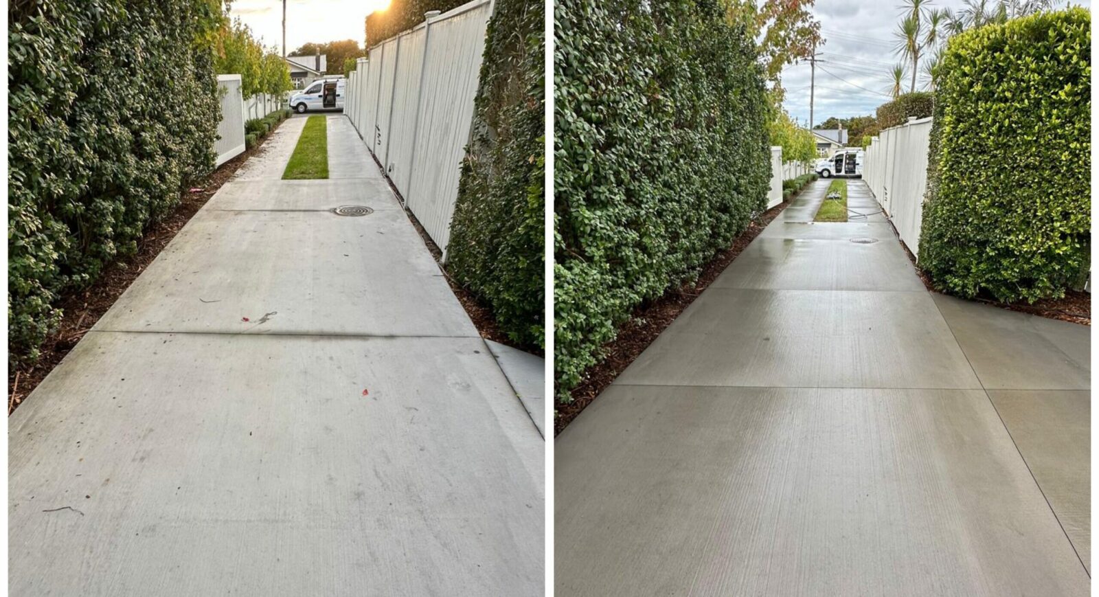 Concrete driveway before and after professional acid wash cleaning, showing removal of stains and grime.