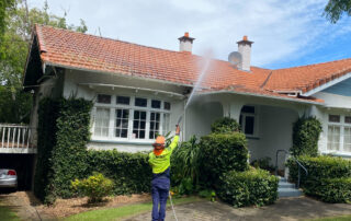 Metro Water Blasting technician applying moss and mould treatment on a residential roof in Auckland.