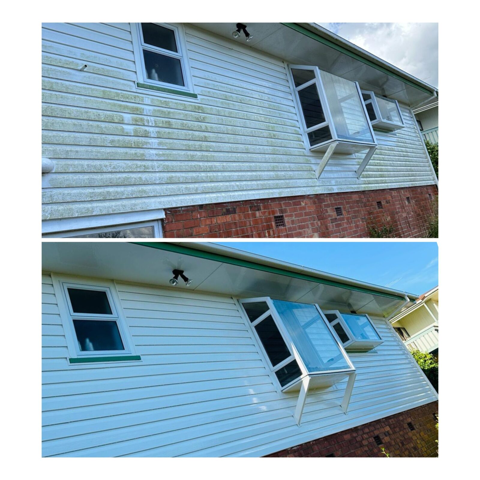 House exterior before and after professional soft chemical washing, showing removal of dirt, mold, and staining.