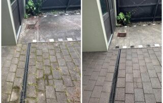 Brick patio before and after professional cleaning, showing removal of dirt, moss, and weather stains.