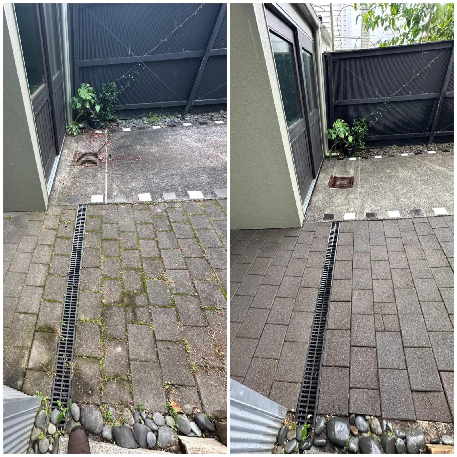 Brick patio before and after professional cleaning, showing removal of dirt, moss, and weather stains.