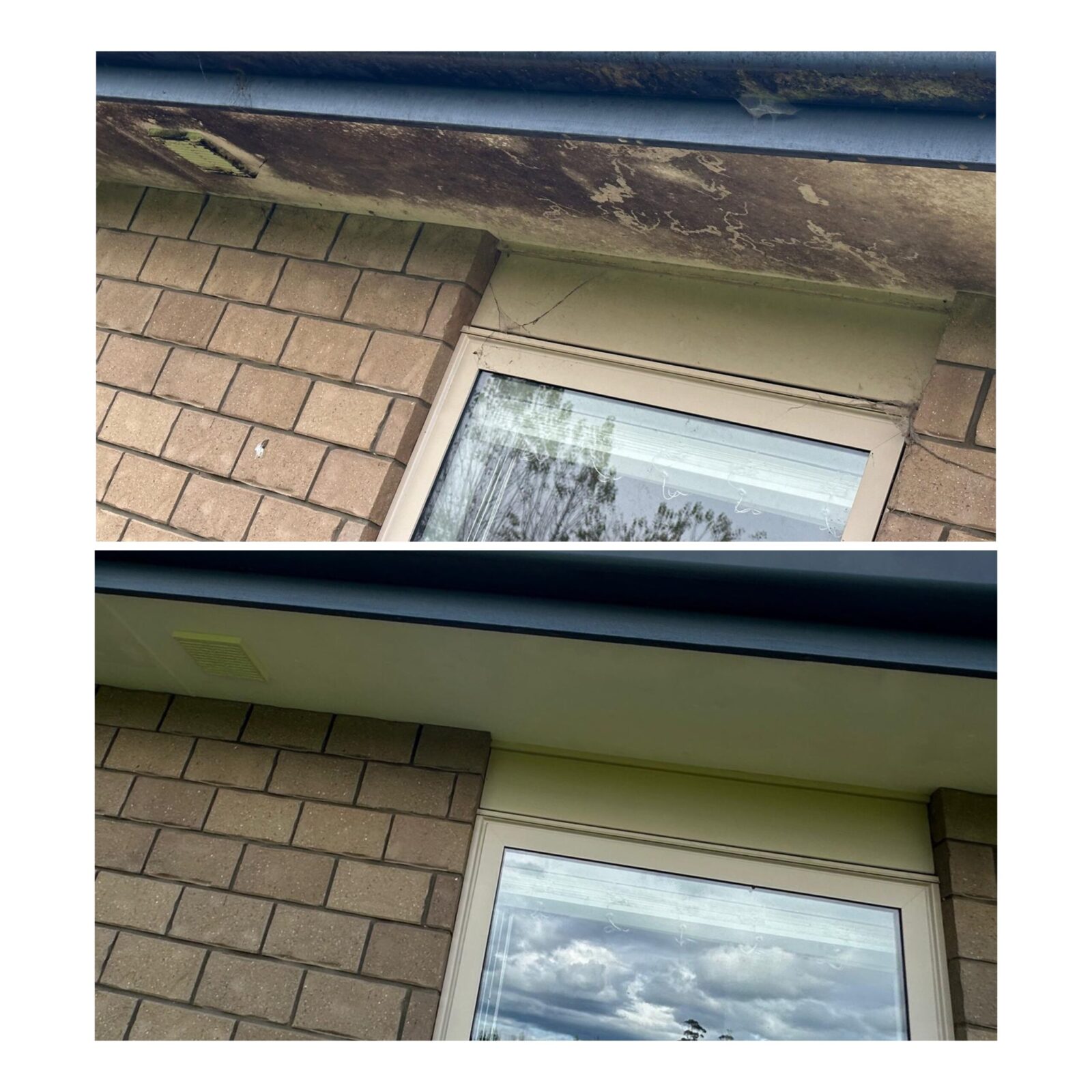 House soffits before and after professional cleaning, showing removal of dirt, mould, and grime.