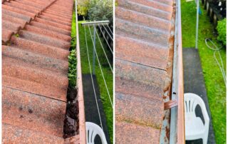Gutter before and after professional cleaning, with moss and debris removed to restore clear water flow.
