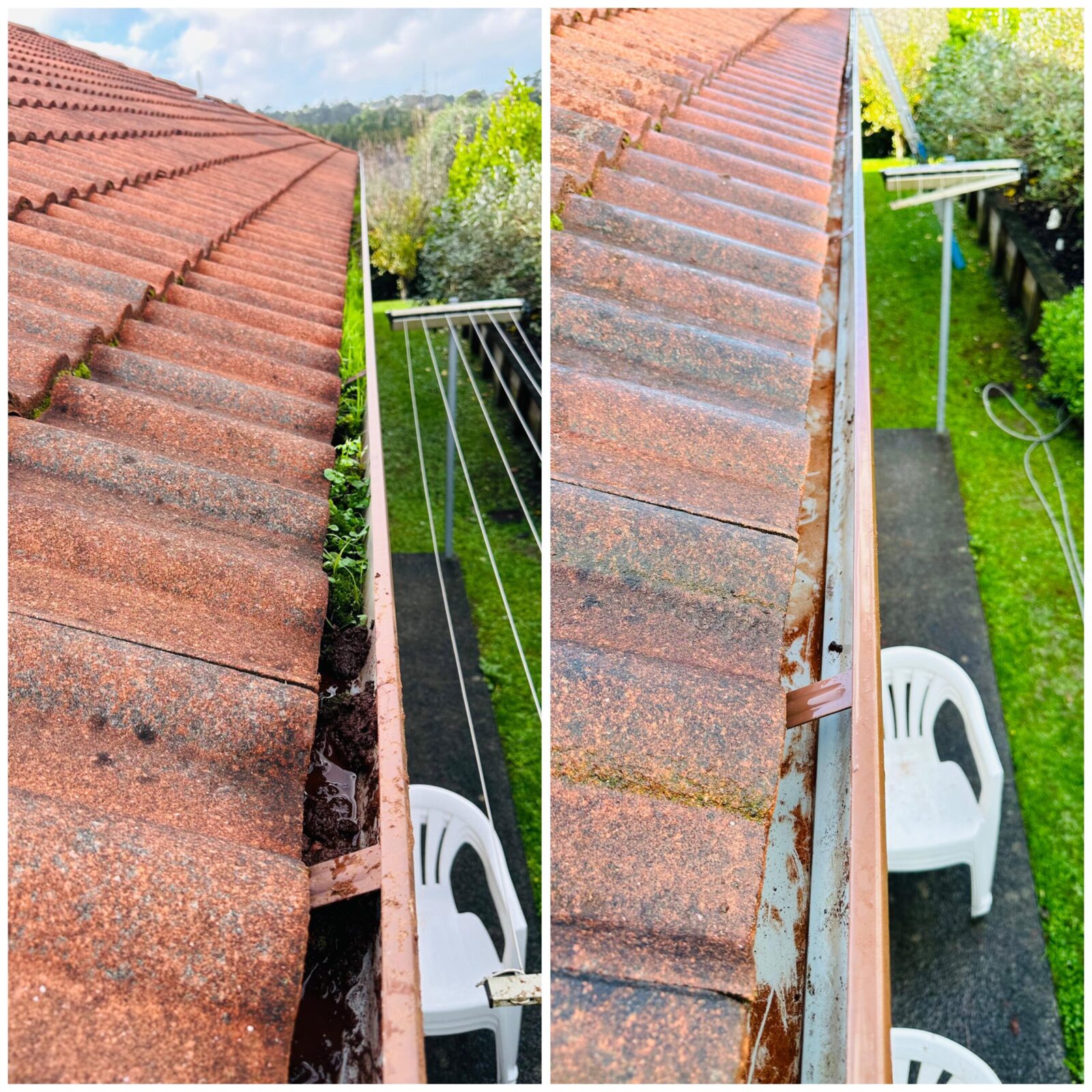 Gutter before and after professional cleaning, with moss and debris removed to restore clear water flow.