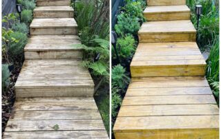 Wooden deck stairs before and after professional cleaning, showing removal of dirt, mould, and weather stains.