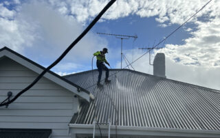 Technician performing residential roof washing in Auckland to remove moss, dirt, and stains.
