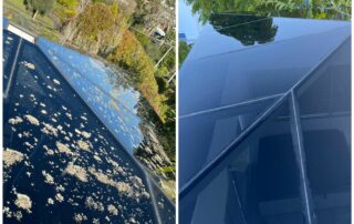 Skylight before and after professional cleaning, showing removal of dirt, grime, and stains for a clear, bright finish.