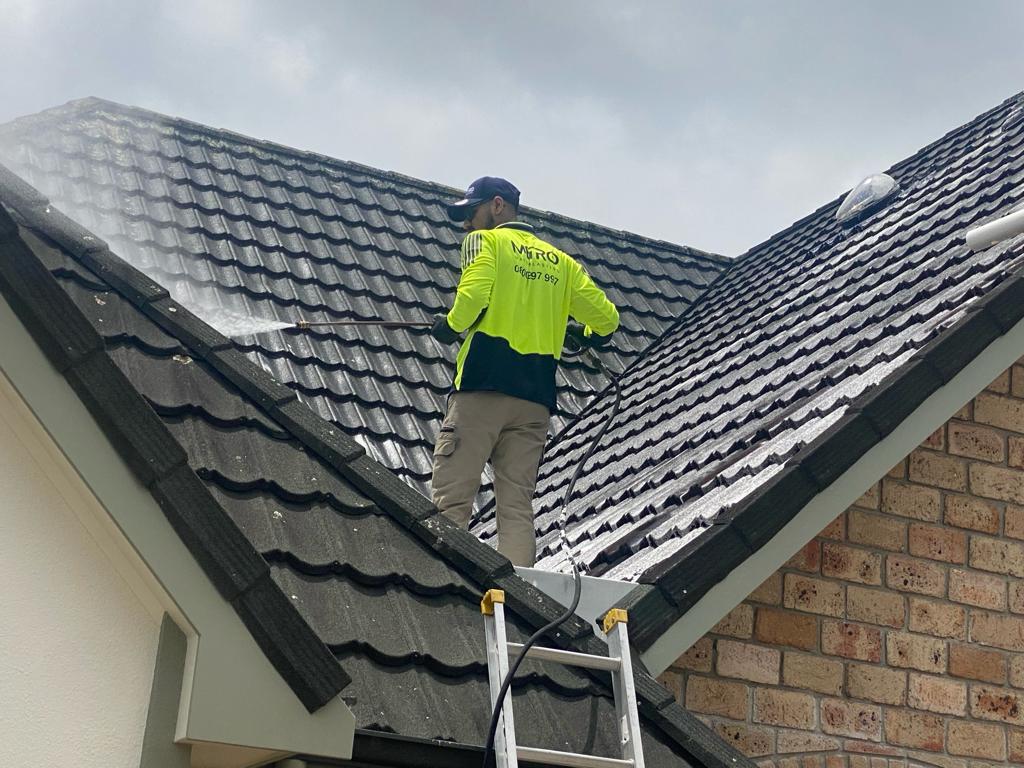 Technician applying moss and mould spray treatment to a residential roof in Auckland.