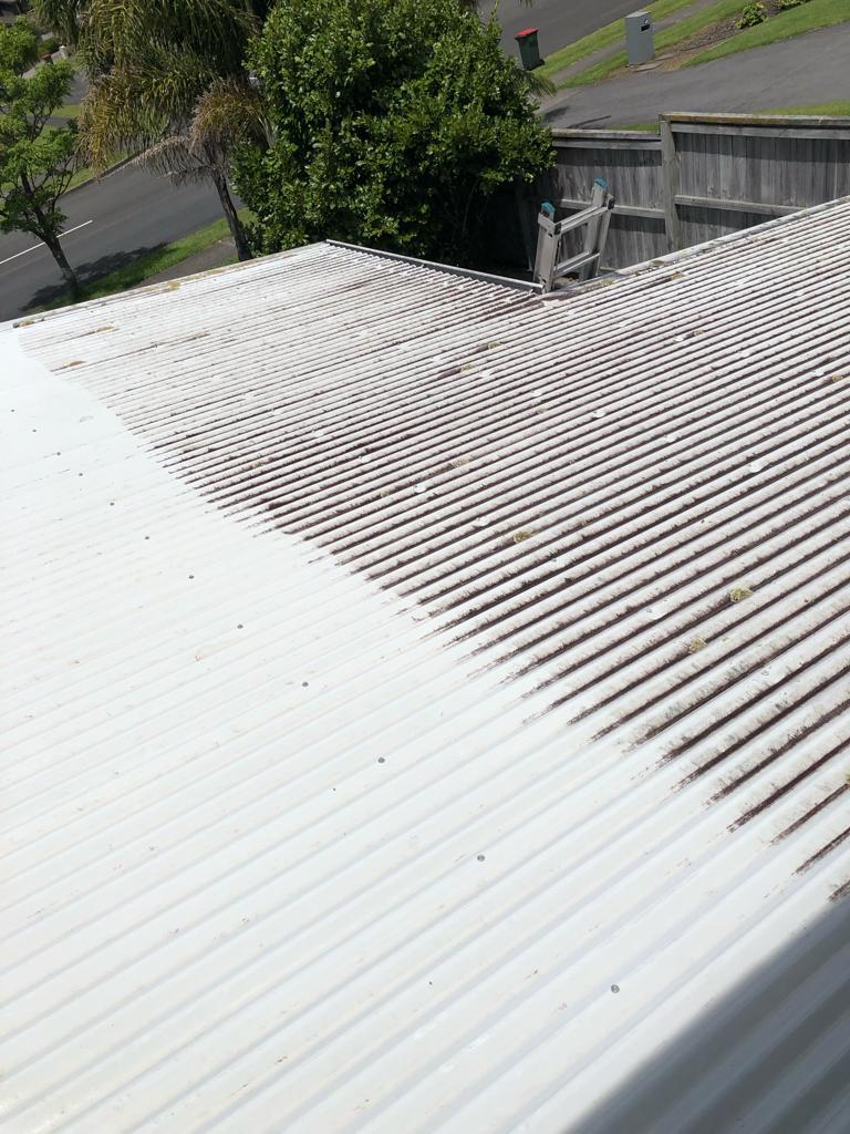 Metro Water Blasting technician washing a large commercial roof during professional cleaning service.