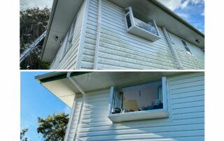 House exterior before and after professional washing, showing removal of dirt, mold, and weather stains.