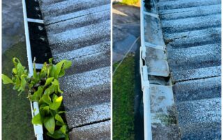 Gutter before and after professional cleaning, showing removal of moss, leaves, and debris.