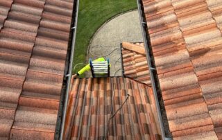 Technician on-site cleaning gutters and removing debris during professional service.